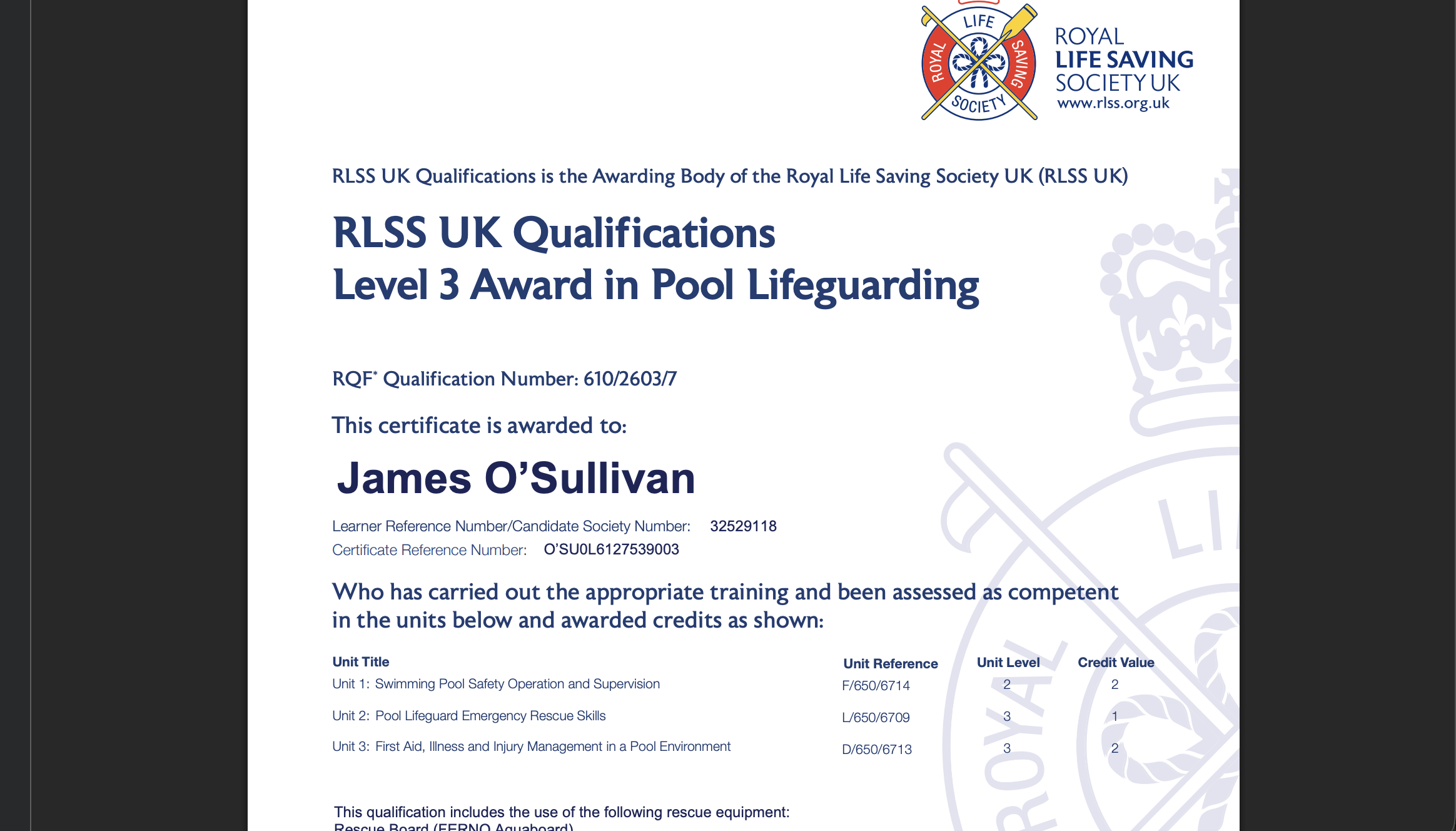 RLSS UK Level 3 Award in Pool Lifeguarding certificate awarded to James O'Sullivan